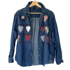 Vintage chm design red heart embroidered jean jacket women's L cotton y2k USA